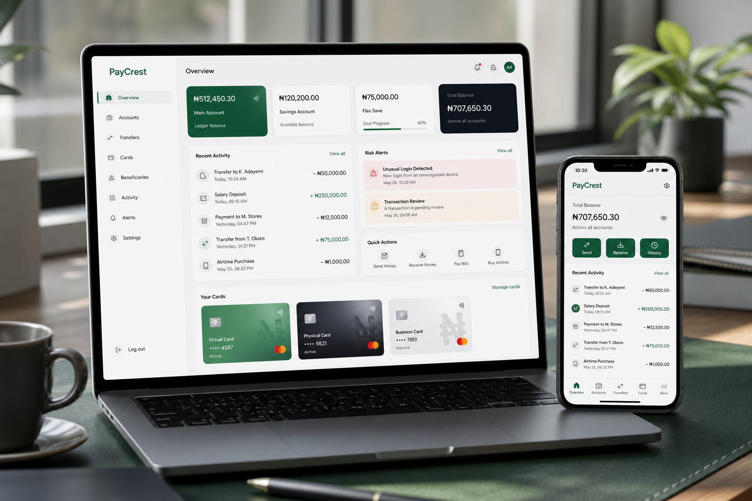 PayCrest dashboard shown on laptop and phone